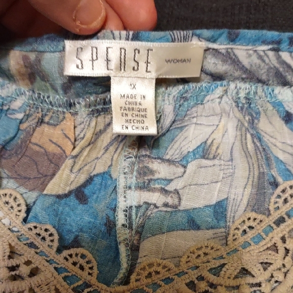 Spense Blue Floral Blouse with Lace Trim - Picture 3 of 6